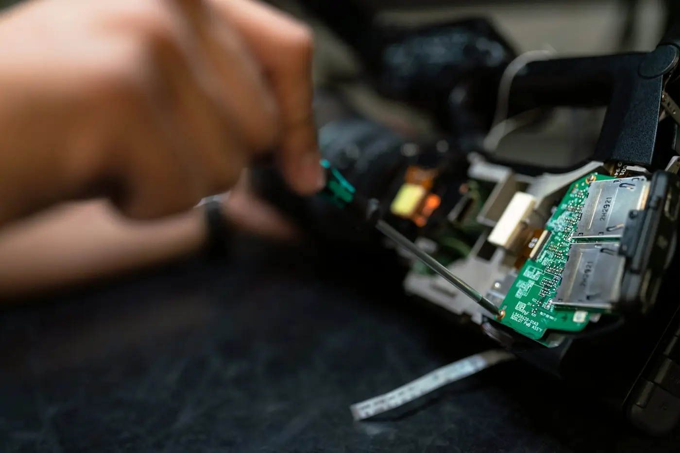 Close view of electronic components being assembled